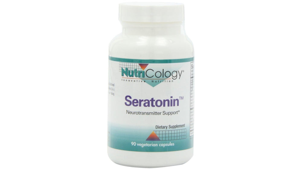 Allergy Research Group Nutricology Seratonin supplement bottle on shelf promoting calm mood and balanced sleep