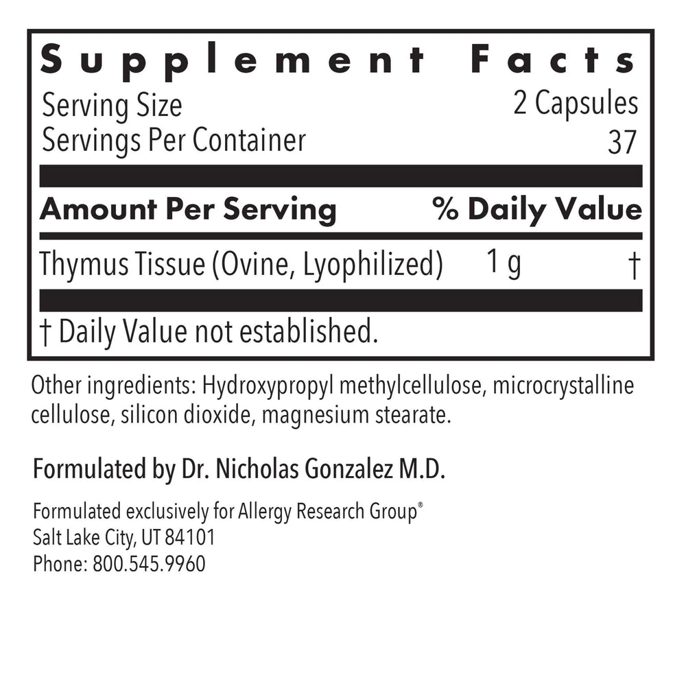 Nutricology Thymus Supplement label close-up highlighting 1000 mg glandular extract