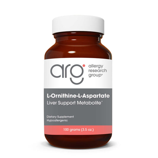 Allergy Research Group ornithine aspartate powder bottle for liver support in daily routines.