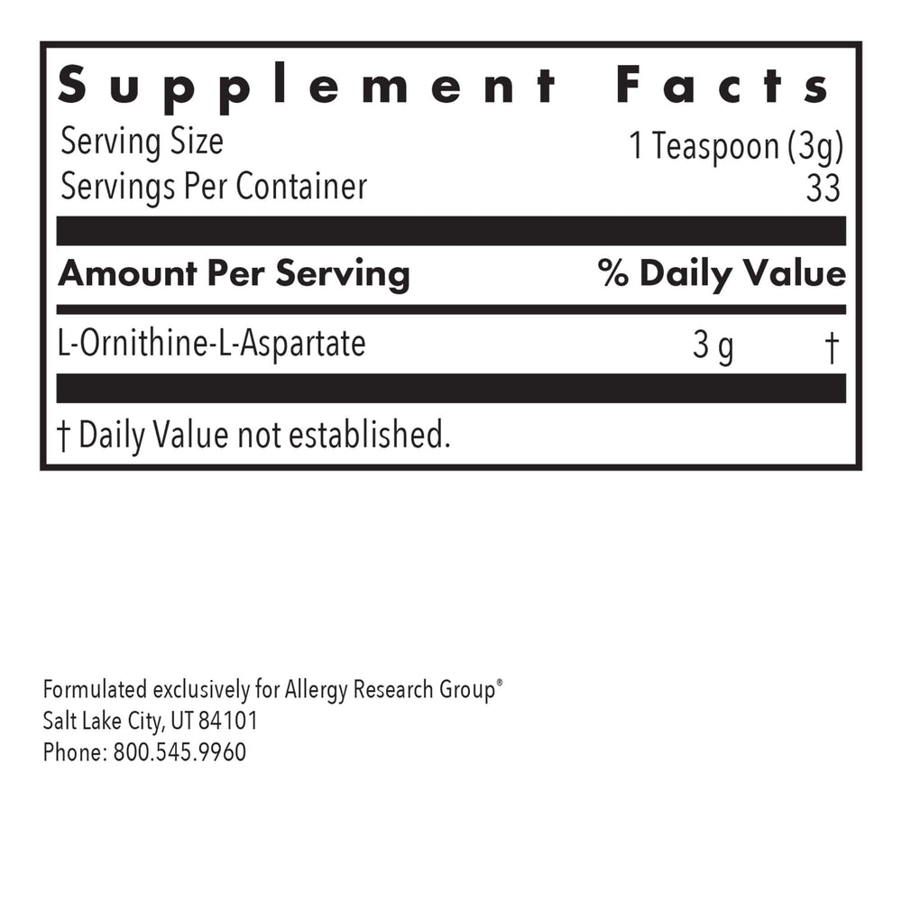 Allergy Research Group ornithine aspartate powder jar label highlights purity and quality control.
