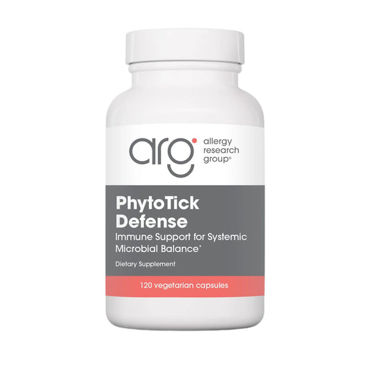Allergy Research Group Phyto Tick Defense bottle label with mushroom complex capsules for daily immune support.