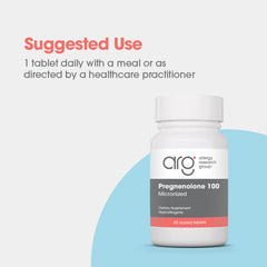 Allergy Research Group Pregnenolone bottle label shows 60 servings and quality standards.