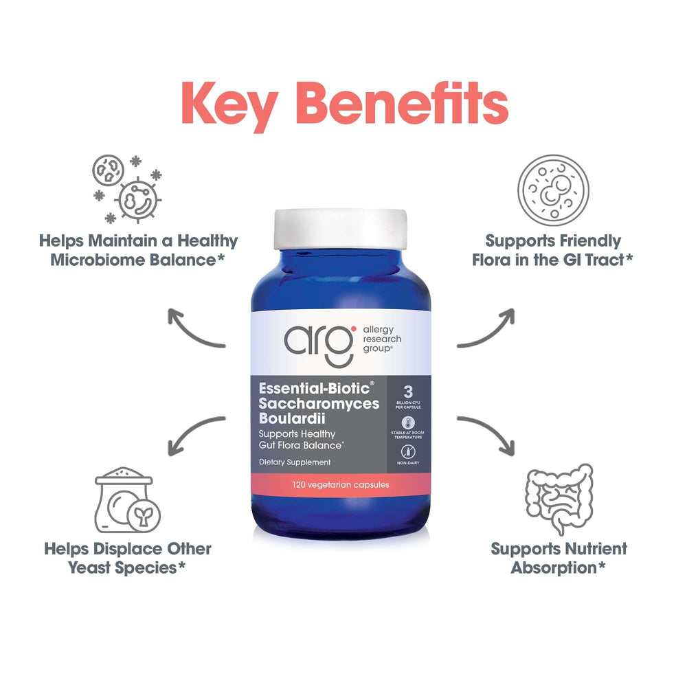 Allergy Research Group Saccharomyces boulardii capsules on shelf top view for easy access