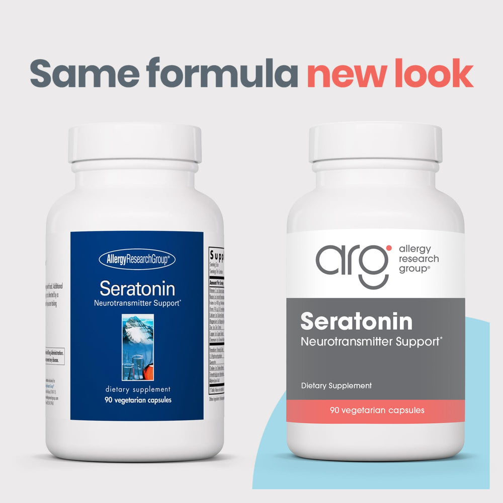 Allergy Research Group Seratonin capsules close-up highlighting 5-HTP content for relaxation