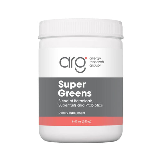 Allergy Research Group Super Greens bottle pouring for easy daily greens boost