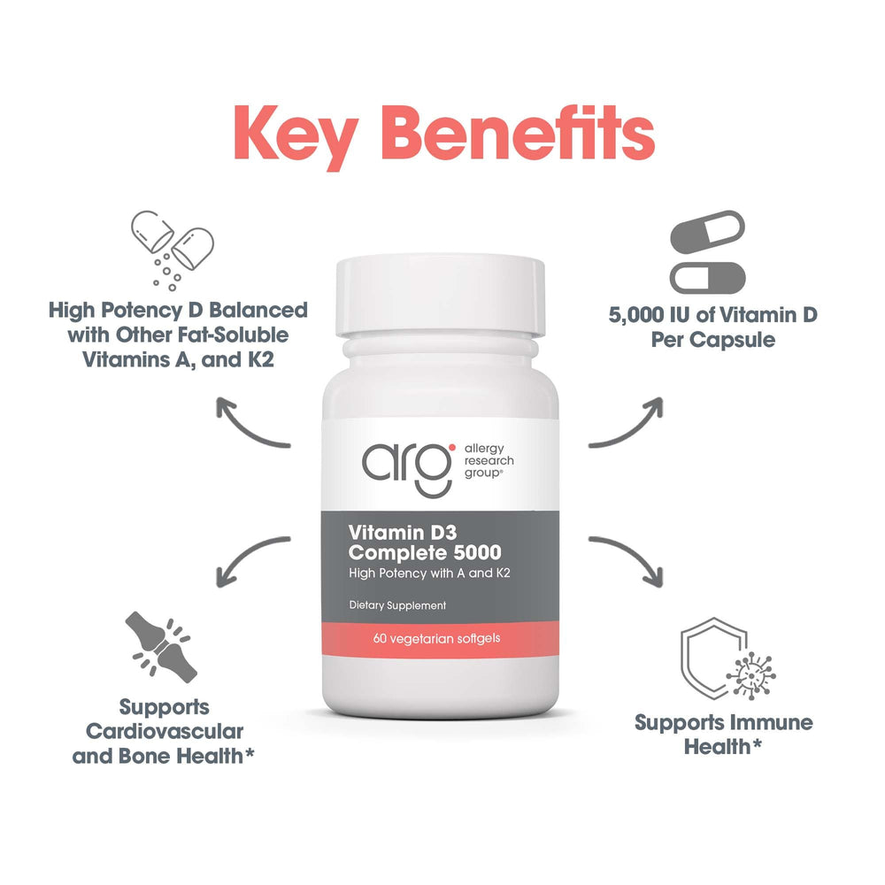 Allergy Research Group Vitamin D3 Complete bottle and capsules on a kitchen counter.