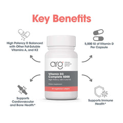 Allergy Research Group Vitamin D3 Complete bottle and capsules on a kitchen counter.