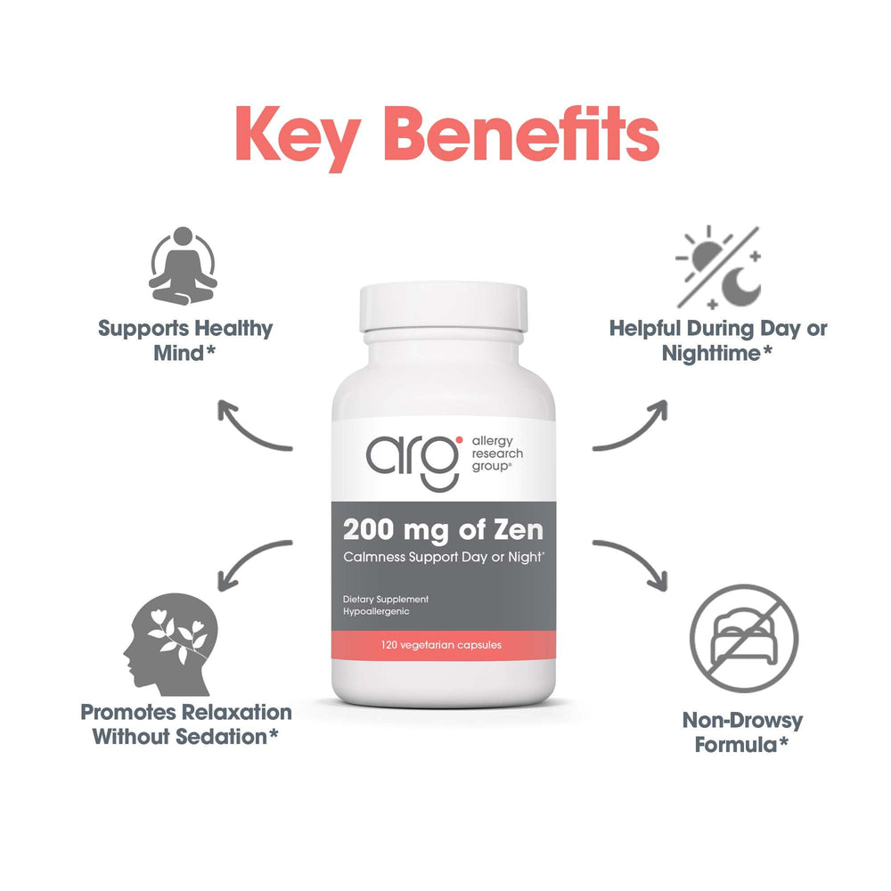 Zen ingredients list featuring L-Theanine and GABA from Allergy Research Group