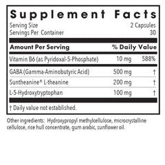 Ingredient panel featuring L-Theanine, GABA, and 5-HTP for relaxation
