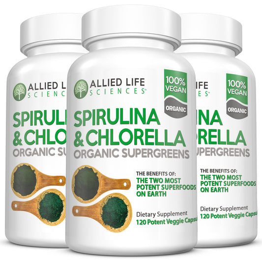 Allied Life Spirulina-Chlorella bottle pack promotes vegan nutrition.