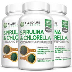 Allied Life Spirulina-Chlorella bottle pack promotes vegan nutrition.