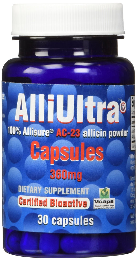 ALLIMAX AlliUltra bottle-front in view, highlighting high-strength garlic supplements.