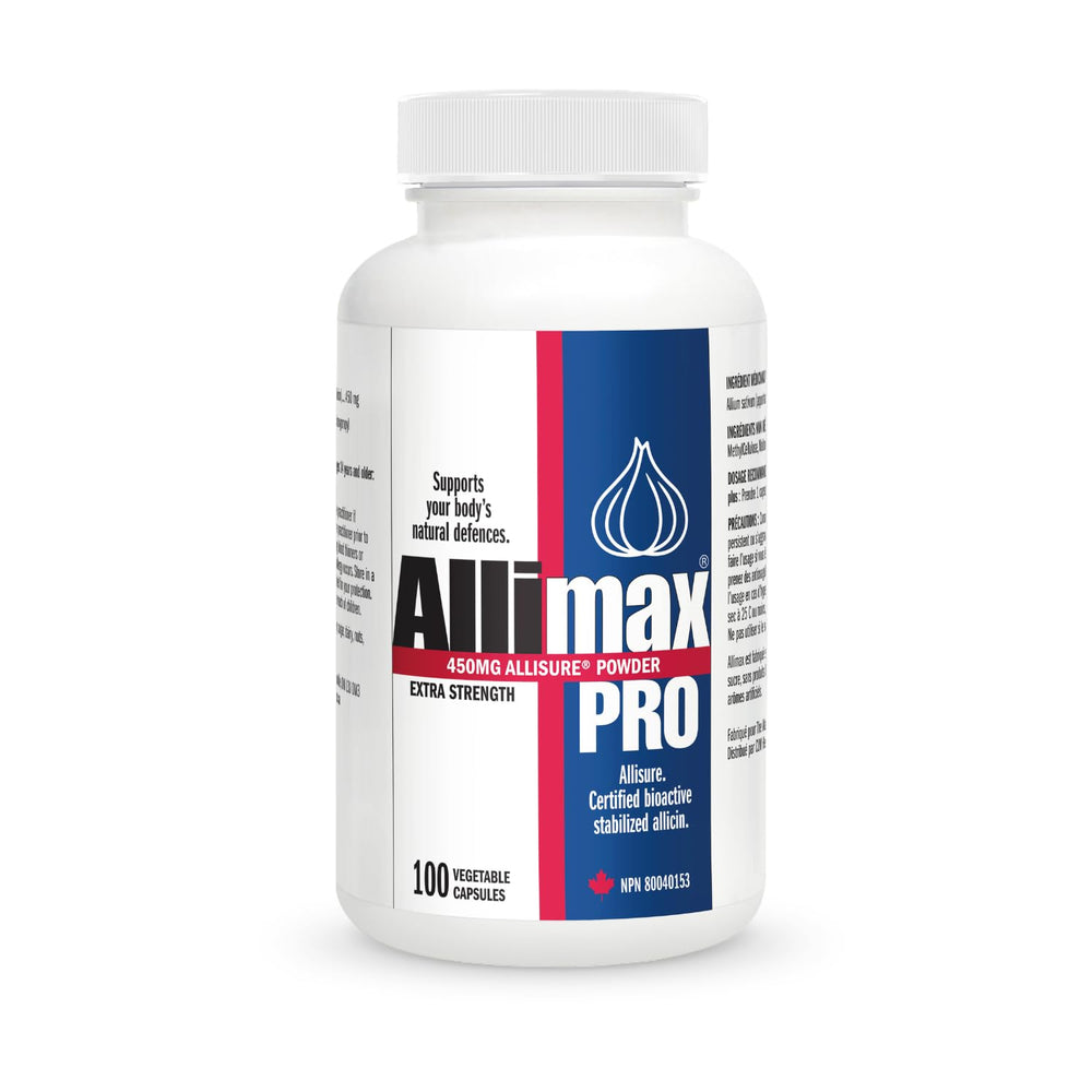 Allimax Pro bottle front shows practitioner-strength allicin for daily immune support.