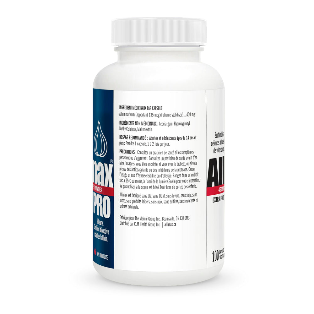 Allimax Pro label features AlliSURE allicin extract and dosage information.