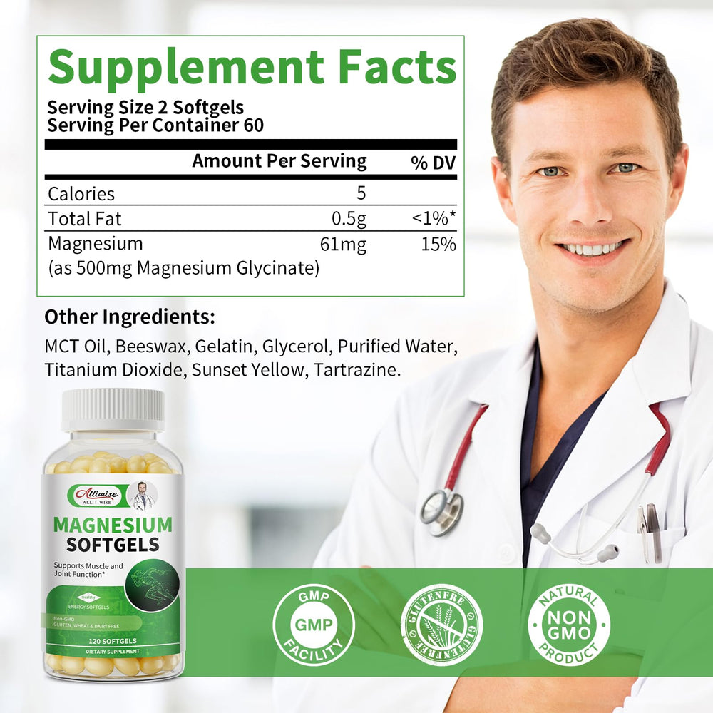 Alliwise magnesium glycinate softgel pour demonstrates easy-to-swallow capsules for convenient daily intake.
