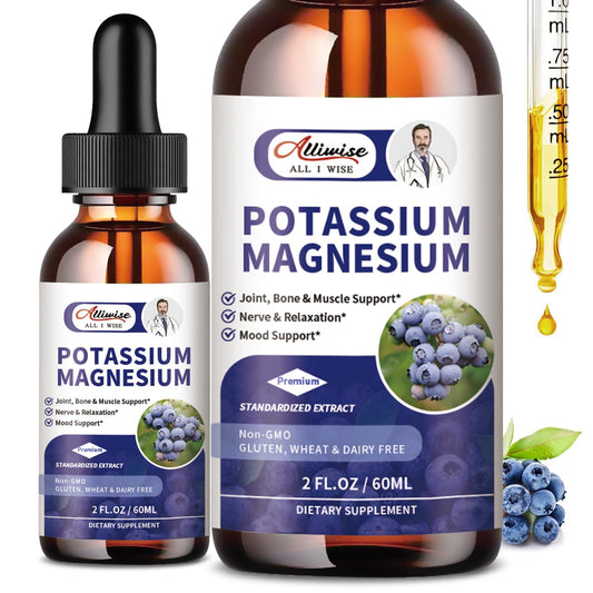 Alliwise potassium magnesium drops bottle shown for daily mineral support and flavor