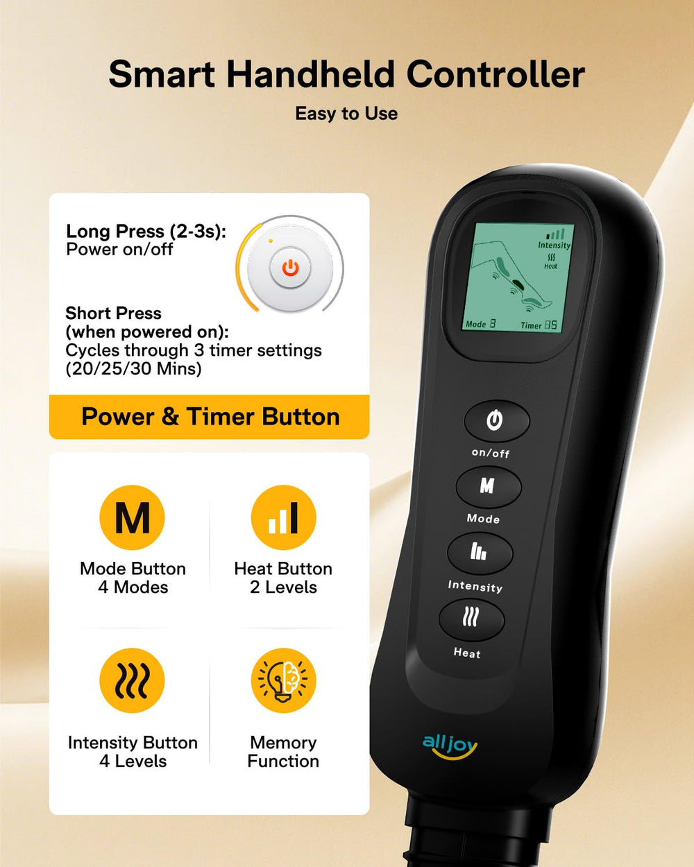 ALLJOY leg massager LCD display shows mode and timer clearly.