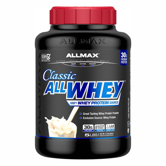 ALLMAX AllWhey Classic vanilla bottle pour for on-the-go protein boosts