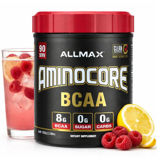 ALLMAX AMINOCORE pink lemonade tub for post-workout recovery and sustained energy.