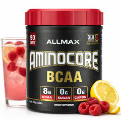 ALLMAX AMINOCORE pink lemonade tub for post-workout recovery and sustained energy.