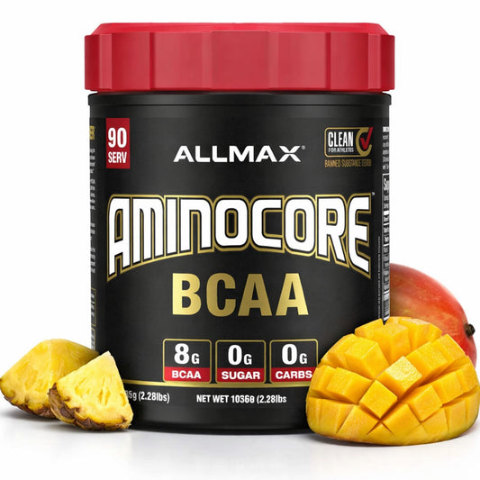 ALLMAX AMINOCORE powder tub front showing sugar-free amino energy for workouts
