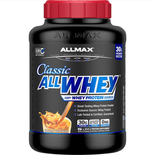 ALLMAX ALLWHEY Chocolate Peanut Butter jar shows premium protein for daily use.