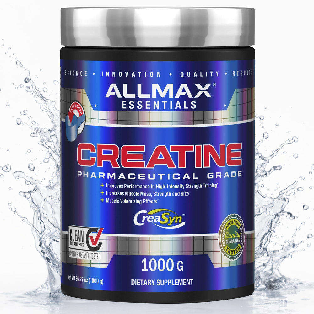 ALLMAX Creatine Monohydrate bottle on shelf for strength-focused workouts