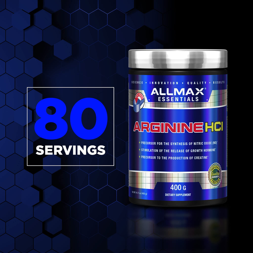 Allmax Essentials Arginine HCL powder swirl, easy dissolution in water.