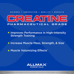 ALLMAX Essentials Creatine bottle label highlighting vegan and gluten-free formula.