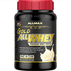 ALLMAX Gold AllWhey canister front view for a protein-rich workout boost.