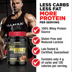 Scoop of ALLMAX Gold ALLWHEY powder ready to blend into shakes