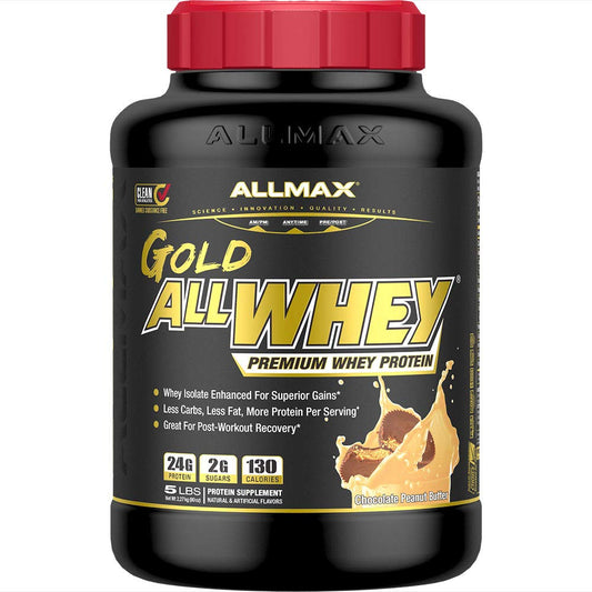 ALLMAX Gold ALLWHEY Chocolate Peanut Butter tub highlights premium protein for post-workout recovery