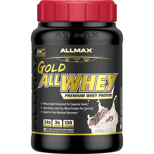 ALLMAX Gold ALLWHEY Cookies and Cream tub front for protein fueling