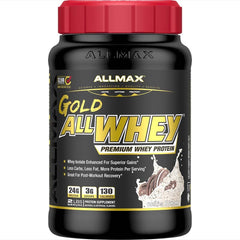 ALLMAX Gold ALLWHEY Cookies and Cream tub front for protein fueling