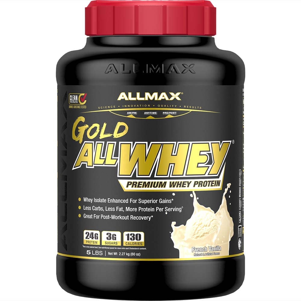 ALLMAX Gold AllWhey French Vanilla container highlights protein purity for daily fueling