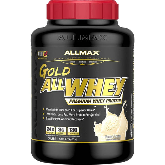 ALLMAX Gold AllWhey French Vanilla container highlights protein purity for daily fueling