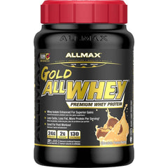 ALLMAX Gold ALLWHEY Peanut Butter front packaging, premium protein for post-workout support.