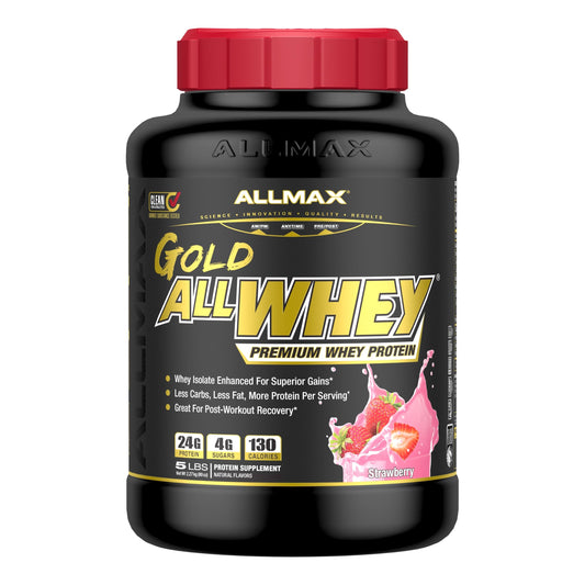 Allmax Gold ALLWHEY strawberry jar showcases premium protein for post-workout recovery