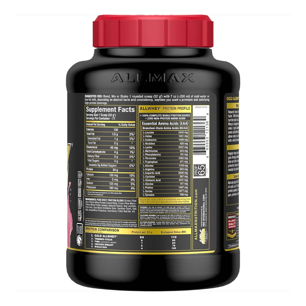 Allmax Gold ALLWHEY strawberry scoop pouring demonstrates quick mixability for busy days