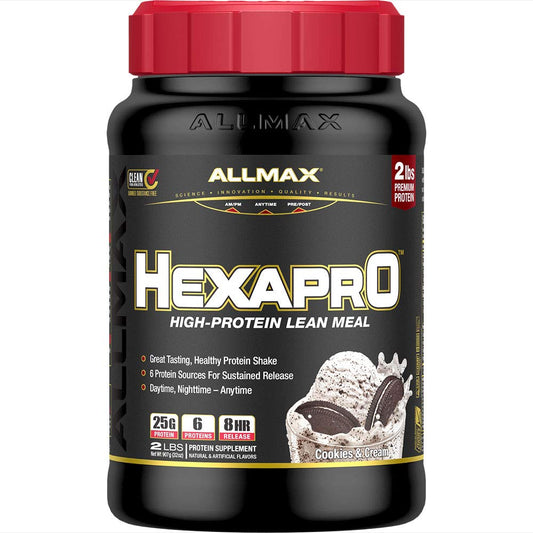 ALLMAX HEXAPRO Cookies & Cream bottle front shows zero sugar claim for quick protein snacking