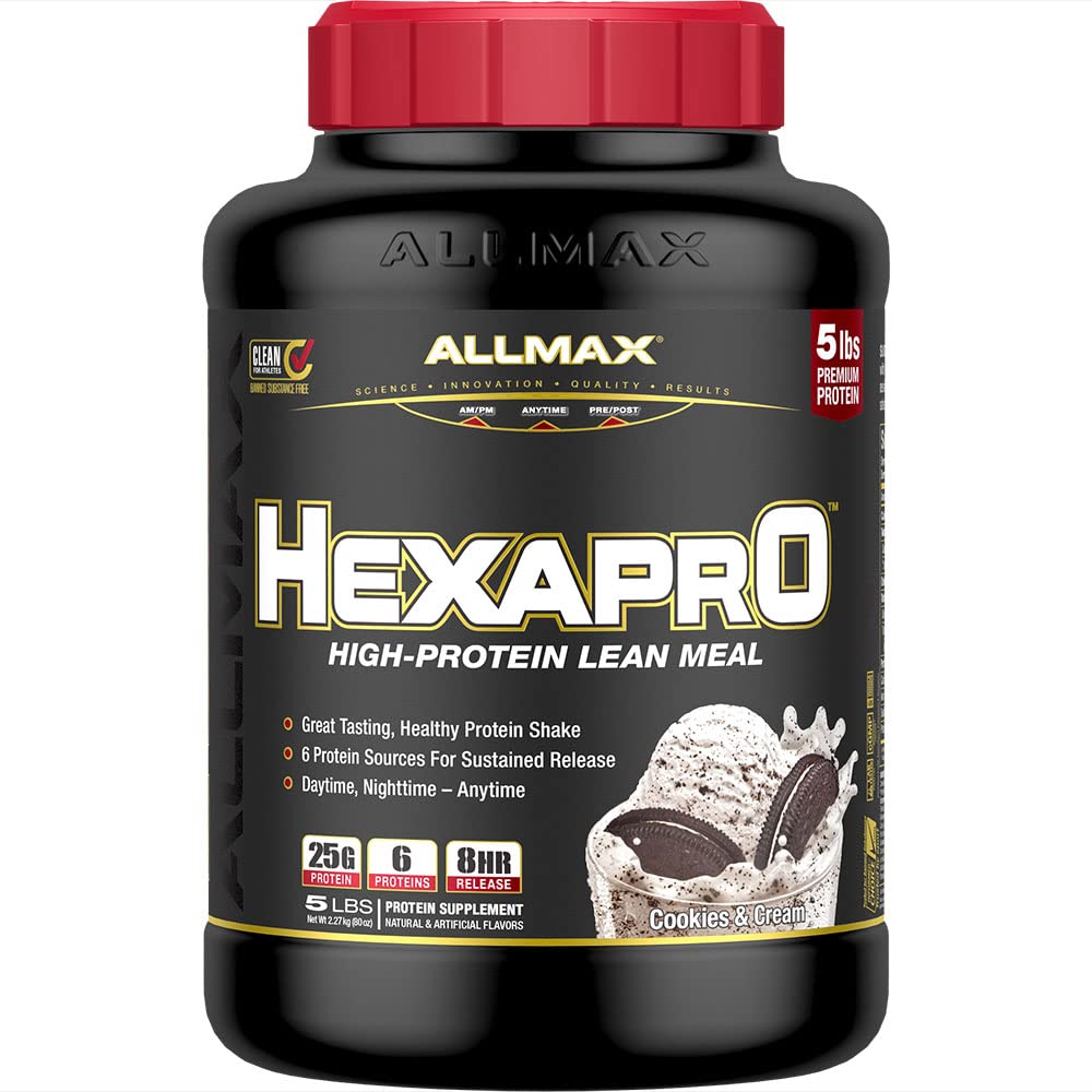ALLMAX HEXAPRO Cookies & Cream 5lb bag, high-protein fueling for workouts