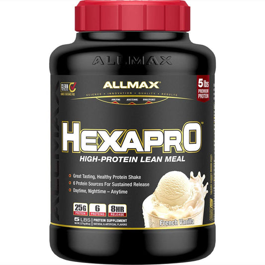ALLMAX HEXAPRO French Vanilla bottle highlights a premium protein blend for steady recovery.