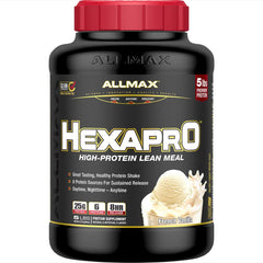 ALLMAX HEXAPRO French Vanilla bottle highlights a premium protein blend for steady recovery.