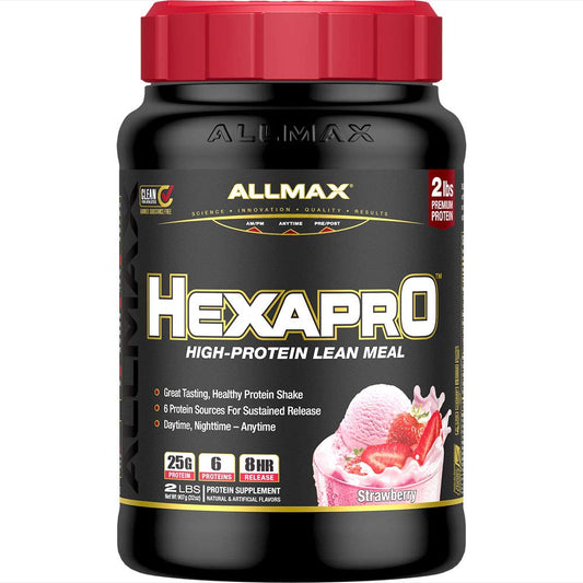 ALLMAX HEXAPRO strawberry bottle showing convenient protein option for daily use