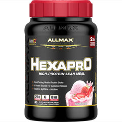 ALLMAX HEXAPRO strawberry bottle showing convenient protein option for daily use