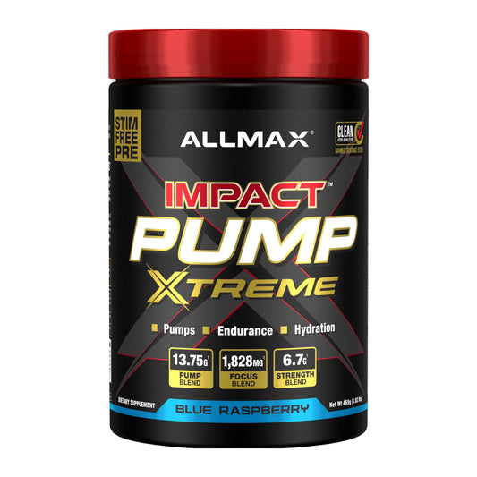 ALLMAX Impact Pump Xtreme blue raspberry bottle ready for pre-workout hydration