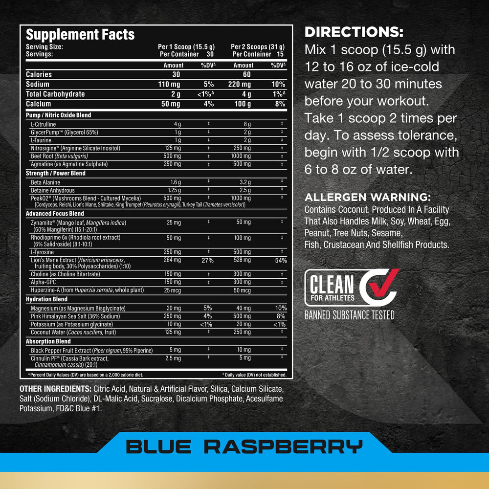ALLMAX Impact Pump Xtreme blue raspberry label highlighting serving size and ingredients