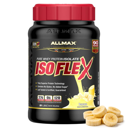 ALLMAX ISOFLEX banana flavor tub with 27g protein per serving