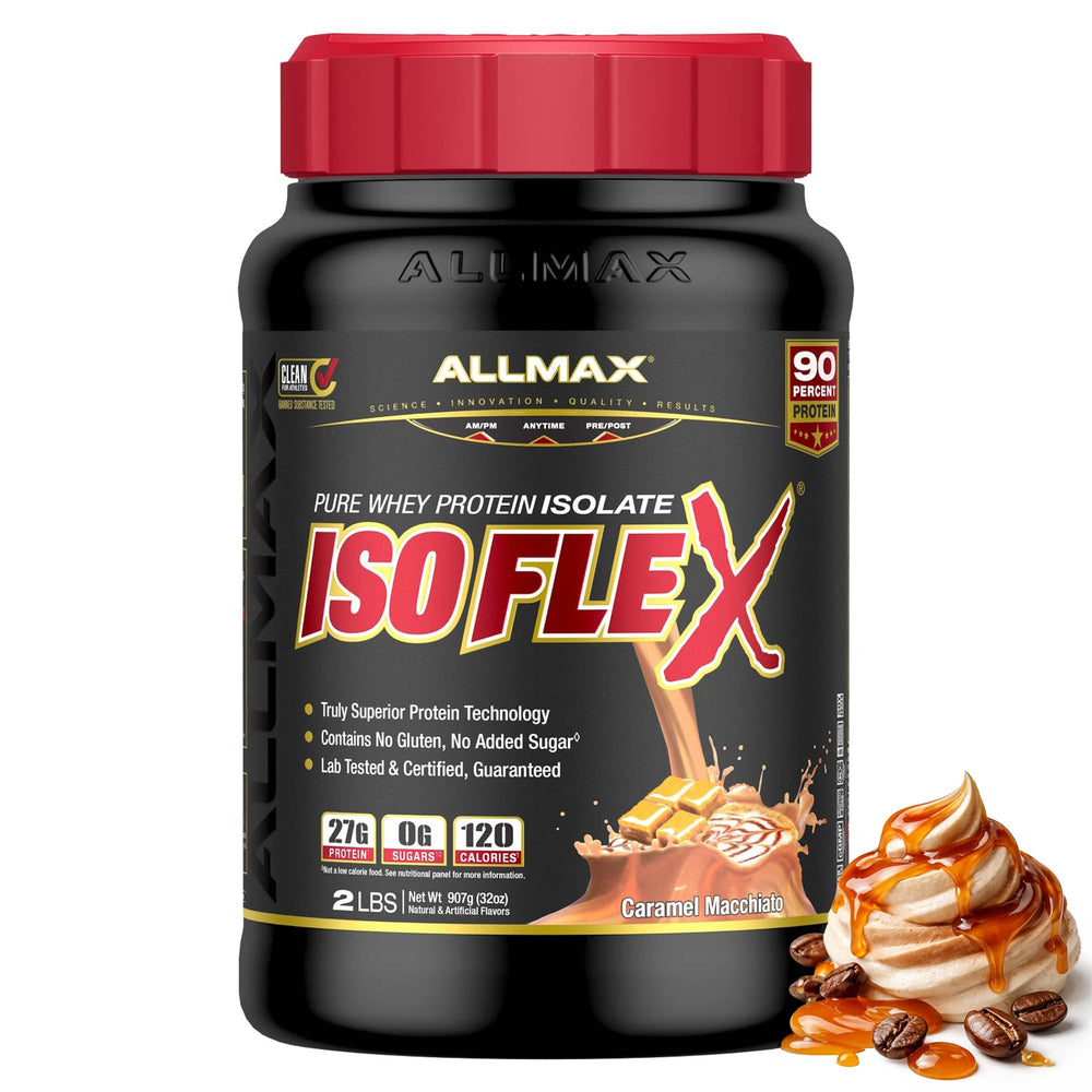ALLMAX IsoFlex bottle front showcases pure whey isolate packaging for clean post-workout fueling.