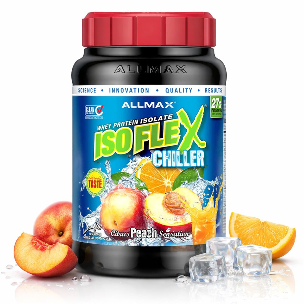 ALLMAX ISOFLEX Chiller bottle with citrus peach flavor for on-the-go fueling.
